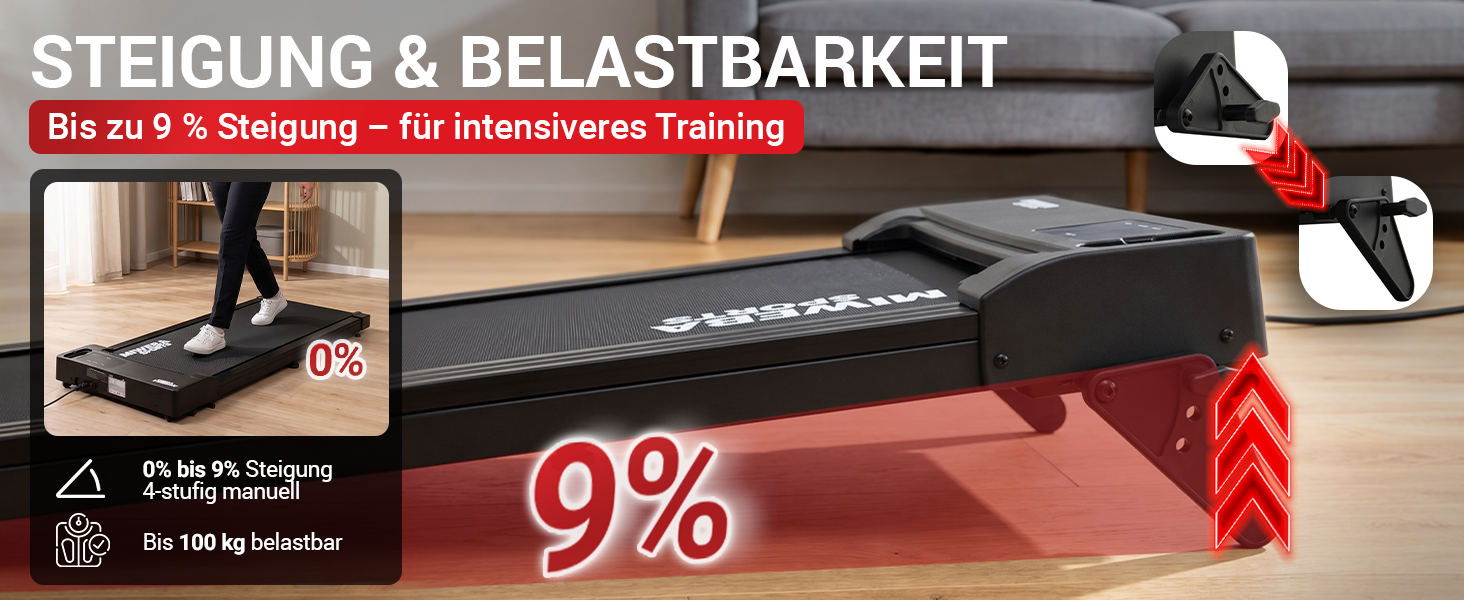 Miweba Sports Laufband – Steigung & Belastbarkeit Miweba Sports Laufband mit 4-stufig manuell einstellbarer Steigung von 0 bis 9 % und einer Belastbarkeit bis 100 kg.
